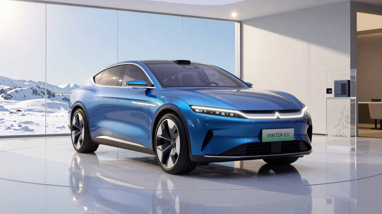 Blue electric car displayed in a modern showroom with snowy mountains visible through large windows.