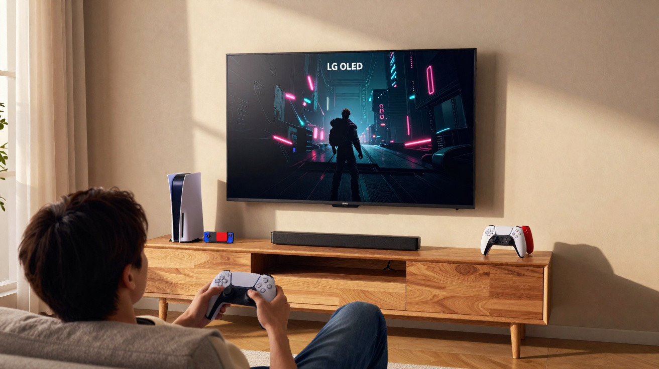 Person playing video games with a controller on a sofa, watching an LG OLED TV mounted on the wall.