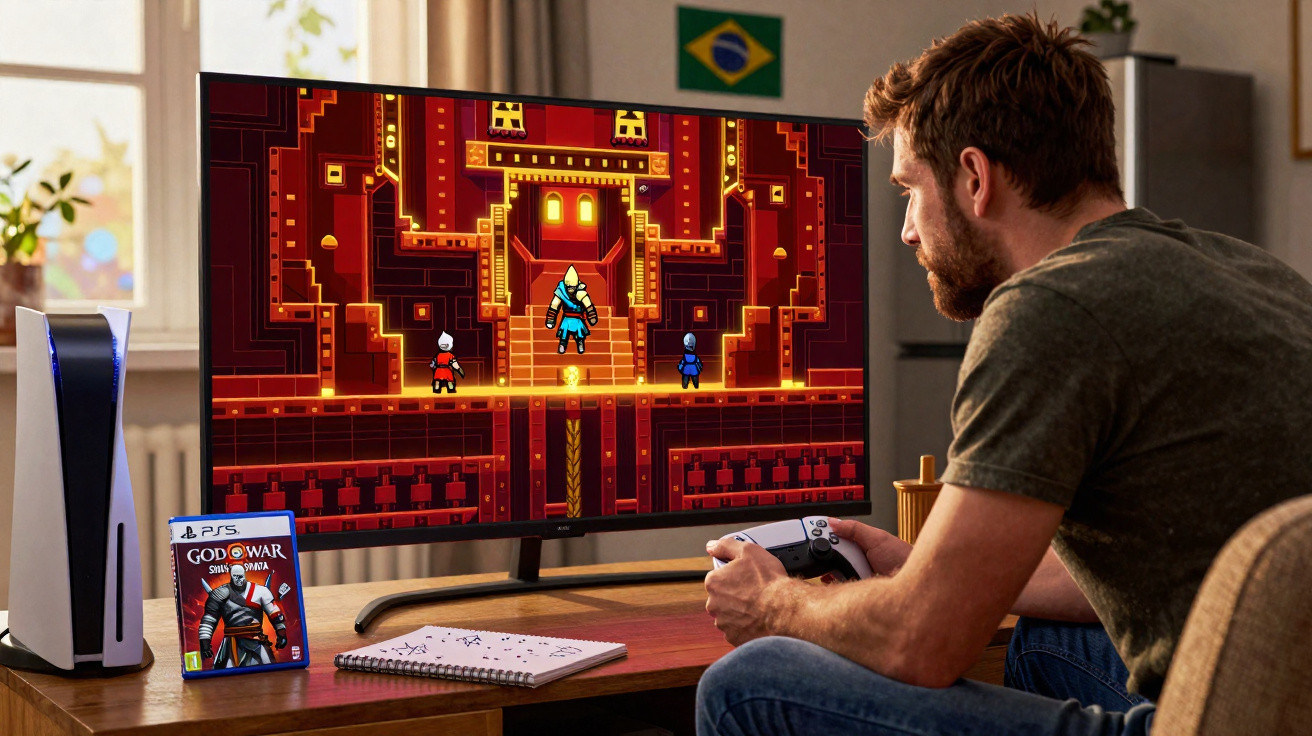 Man playing a video game on a TV with a PlayStation 5 console and God of War game case nearby.