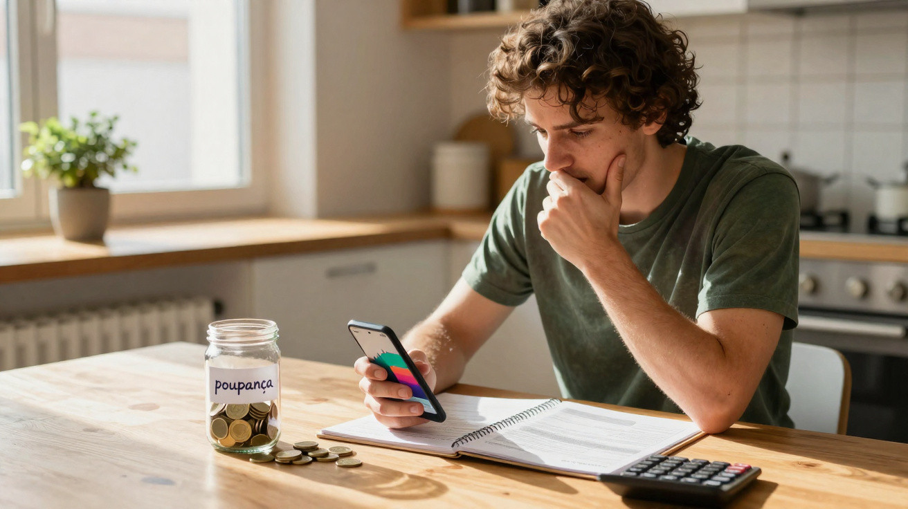 Young man sitting at kitchen table checking phone with notebook, calculator, and coin jar labeled poupança nearby