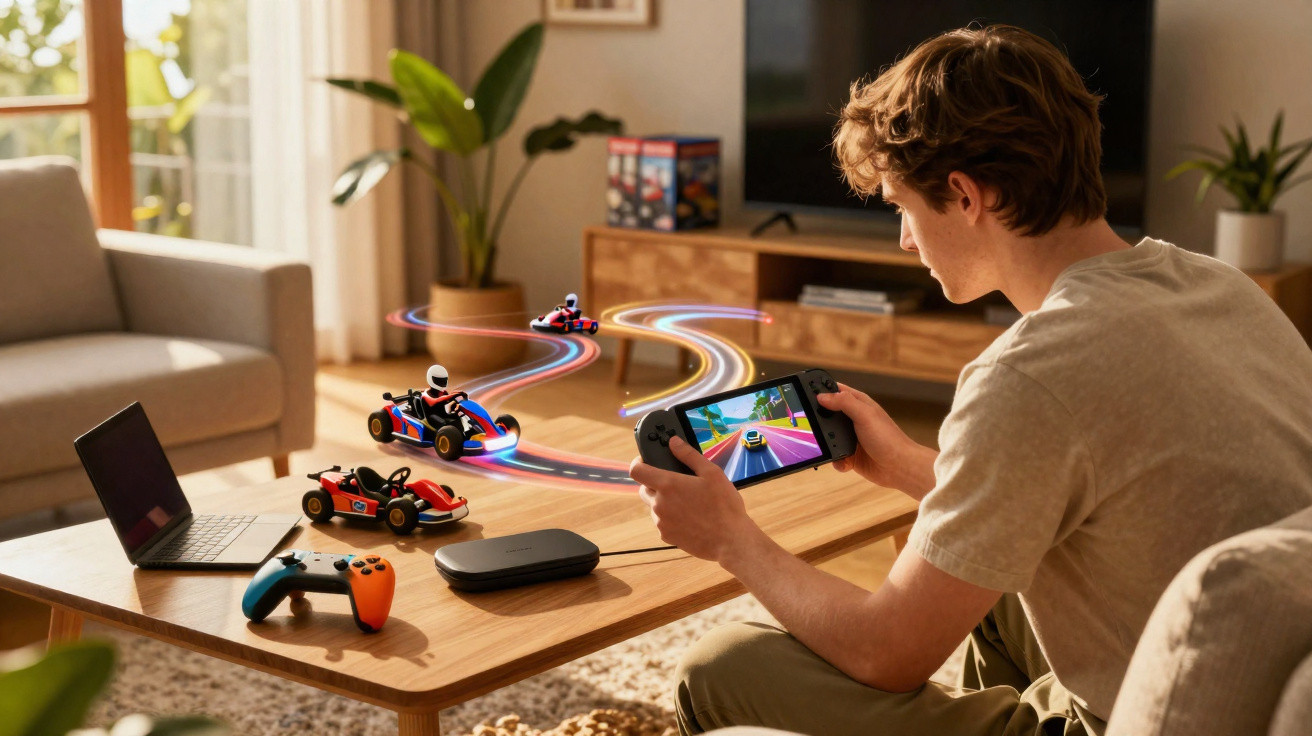 Young man playing a racing game on a handheld console with toy cars on a table and a laptop nearby in a living room.