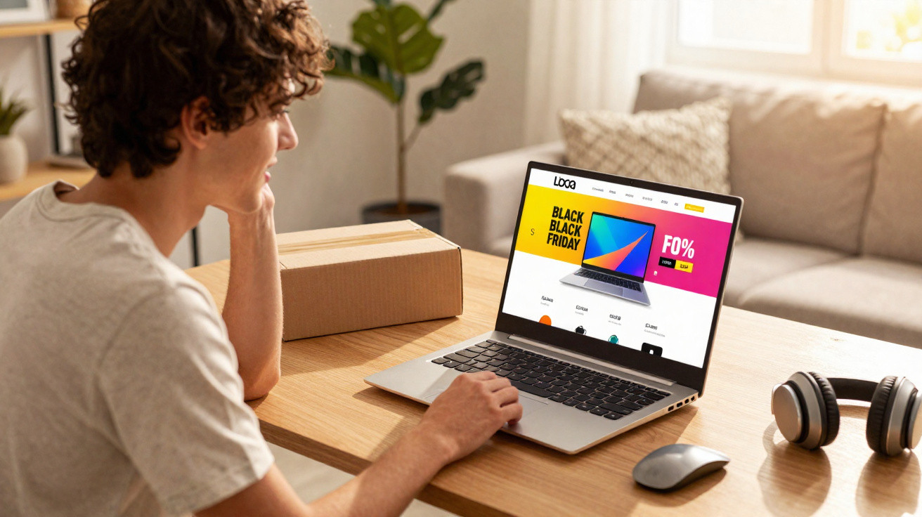 Young man browsing Black Friday laptop deals on a wooden table with box, mouse, and headphones nearby.