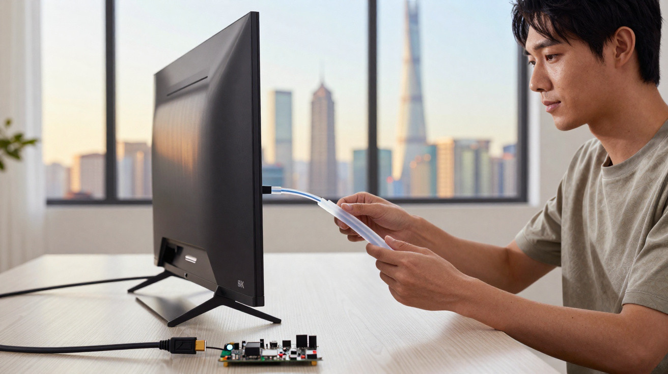 Young man setting up a circuit board connected to a monitor on a table with a city skyline outside the window.