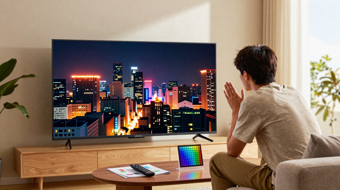 Young man sitting on a sofa watching a large TV screen displaying a colourful cityscape at night.