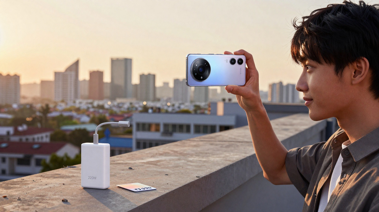 Young man holding a smartphone on a rooftop with cityscape at sunset and a charger on the ledge.