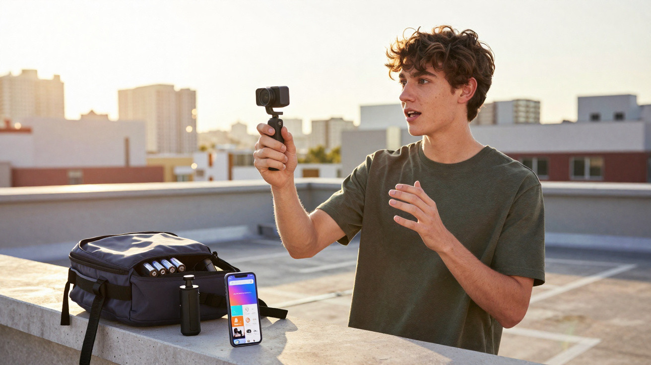 Young man holding a handheld camera stabiliser on a rooftop with a backpack and smartphone nearby.