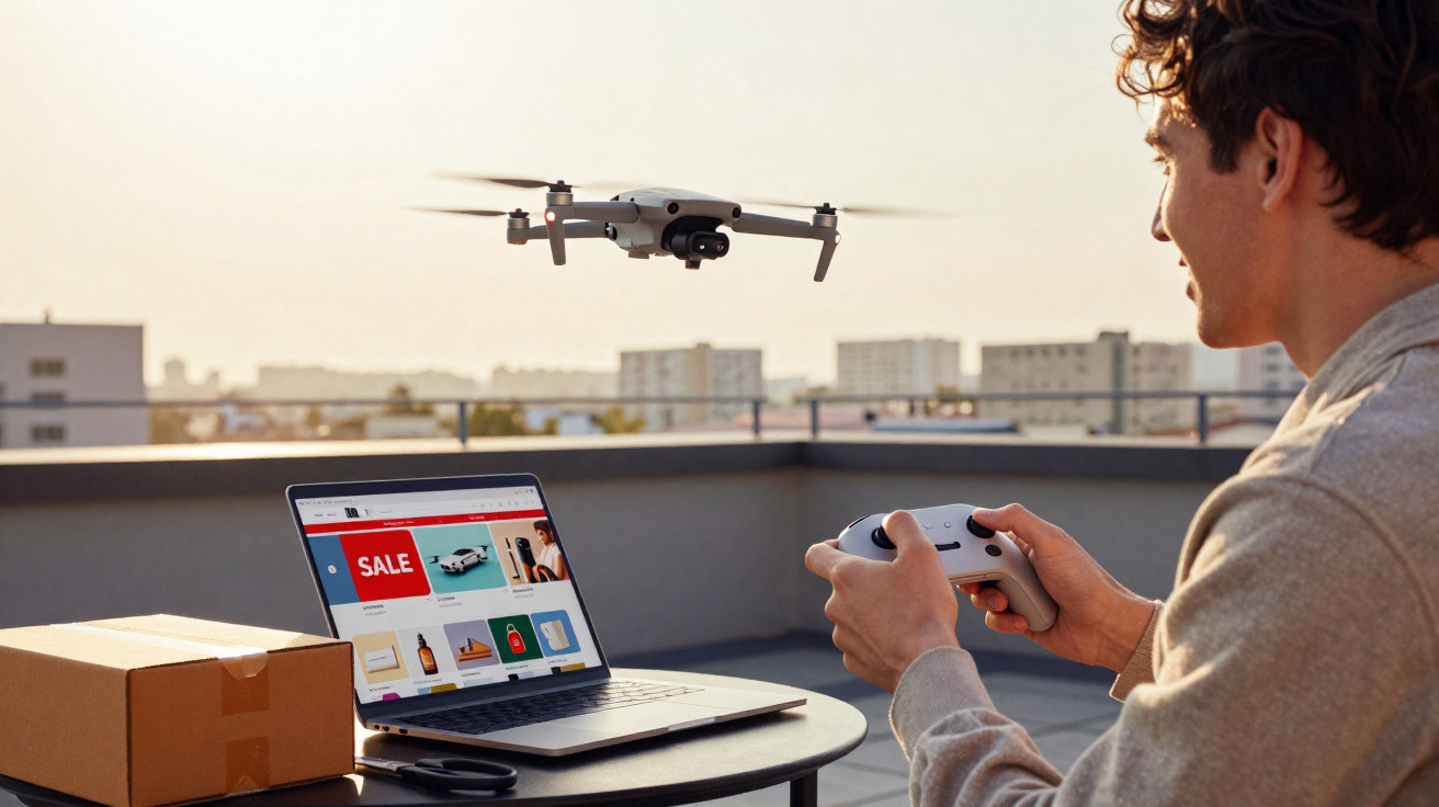 Man flying a drone on a rooftop using a controller, with a laptop and package on a table nearby at sunset.