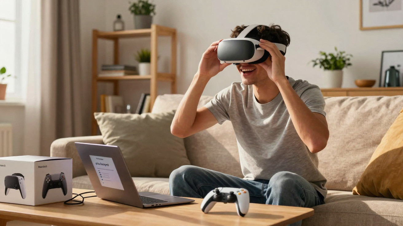 Young man enjoying virtual reality headset while sitting on a couch with gaming controllers and laptop nearby.