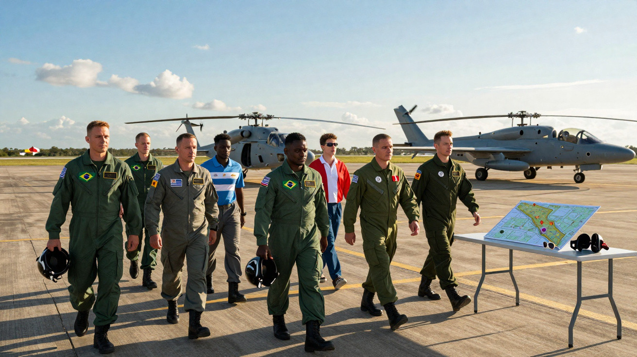 Military personnel walking on airfield with helicopters and a map on a table under a blue sky
