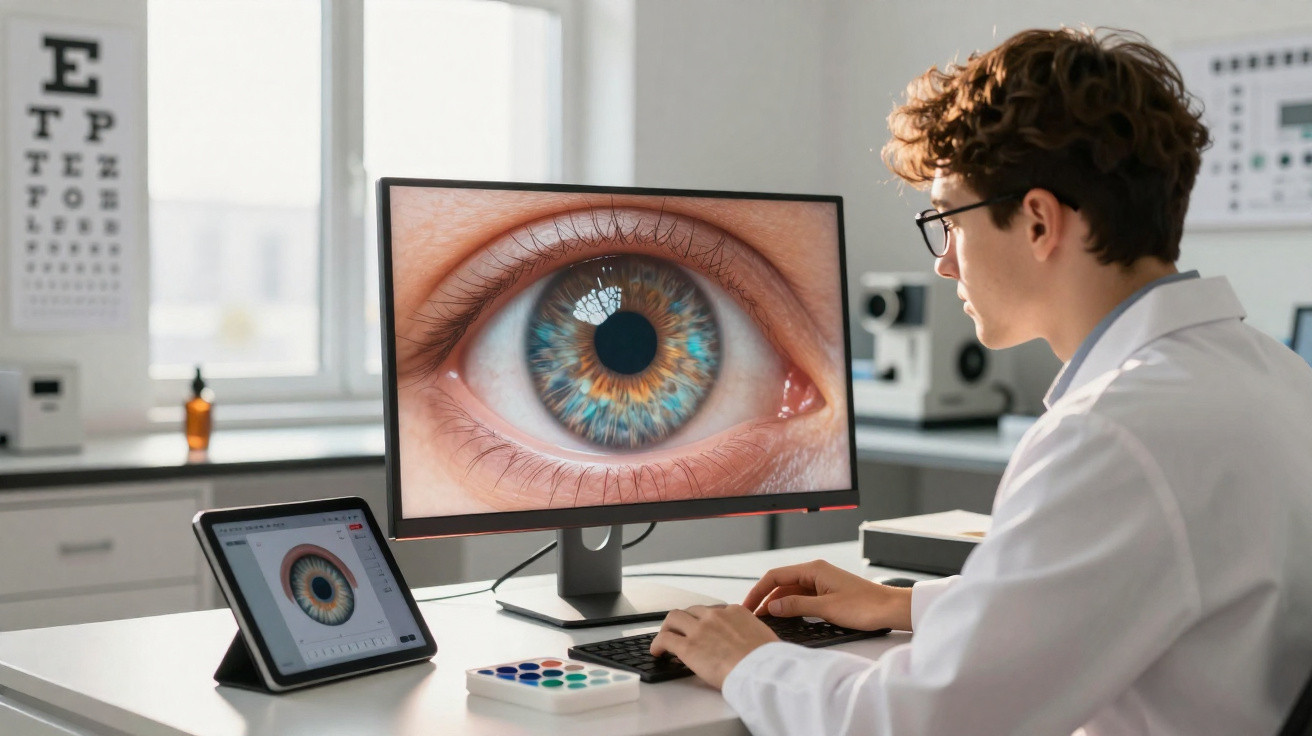 Optometrist analysing a detailed image of a human eye on a computer screen in a clinic.