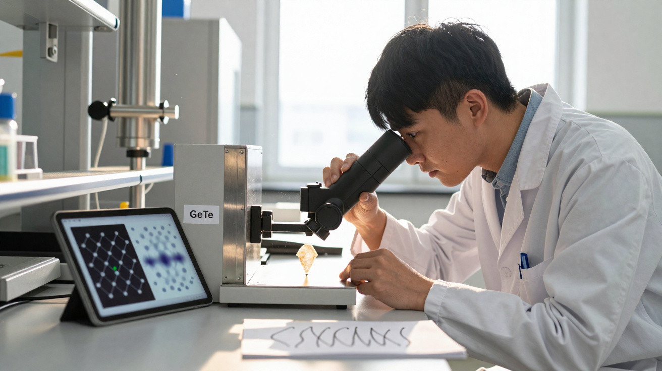 Scientist in lab coat examining a sample with a microscope beside a tablet showing molecular data.