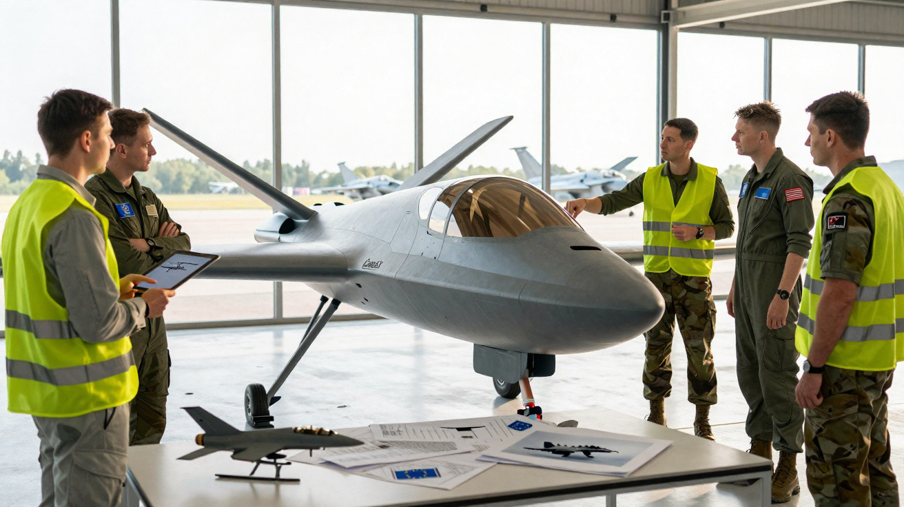 Military personnel and engineers discussing a drone prototype inside an aircraft hangar.