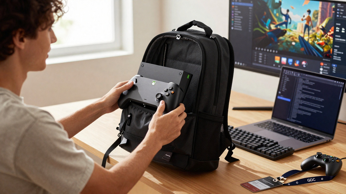 Person placing a gaming console into a black backpack on a desk with a laptop and monitor in the background.