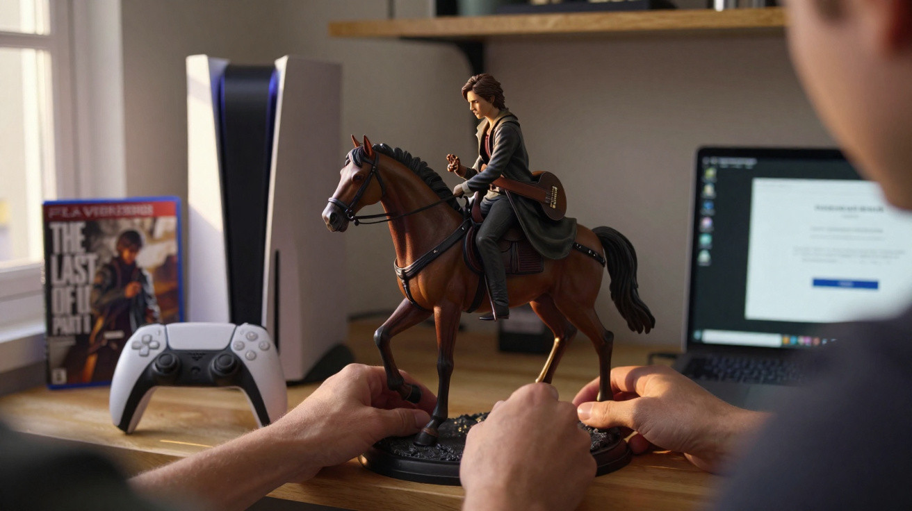 Hands holding a detailed figurine of a man riding a horse on a desk with a PS5 and game case in the background.