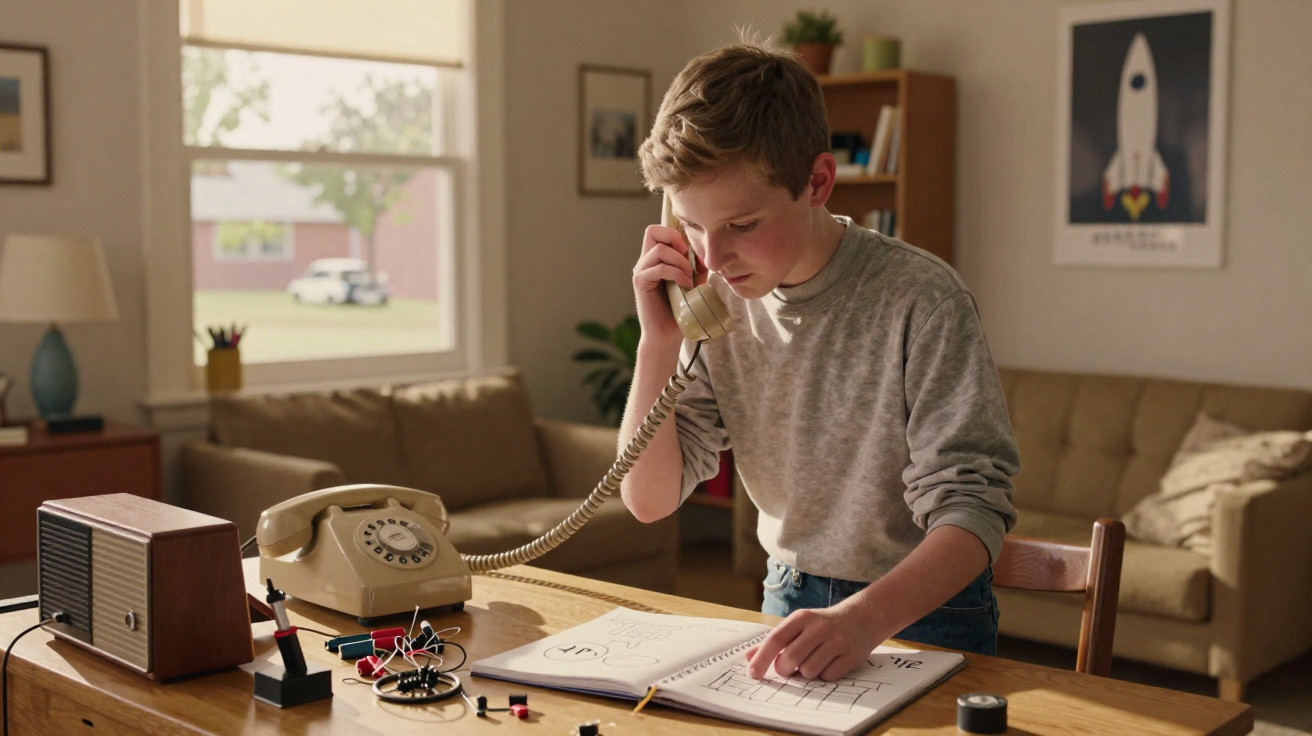 Boy in a grey sweater using a vintage rotary phone while looking at notes on a wooden table in a living room.