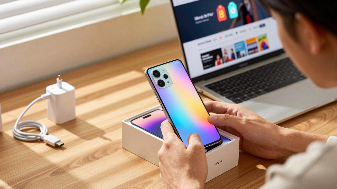 Person holding a shiny smartphone above its box on a wooden desk next to a laptop and charger.