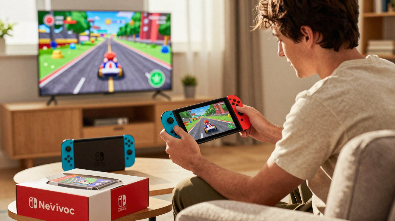 Young man playing a kart racing game on a handheld console with the game also displayed on a TV screen.