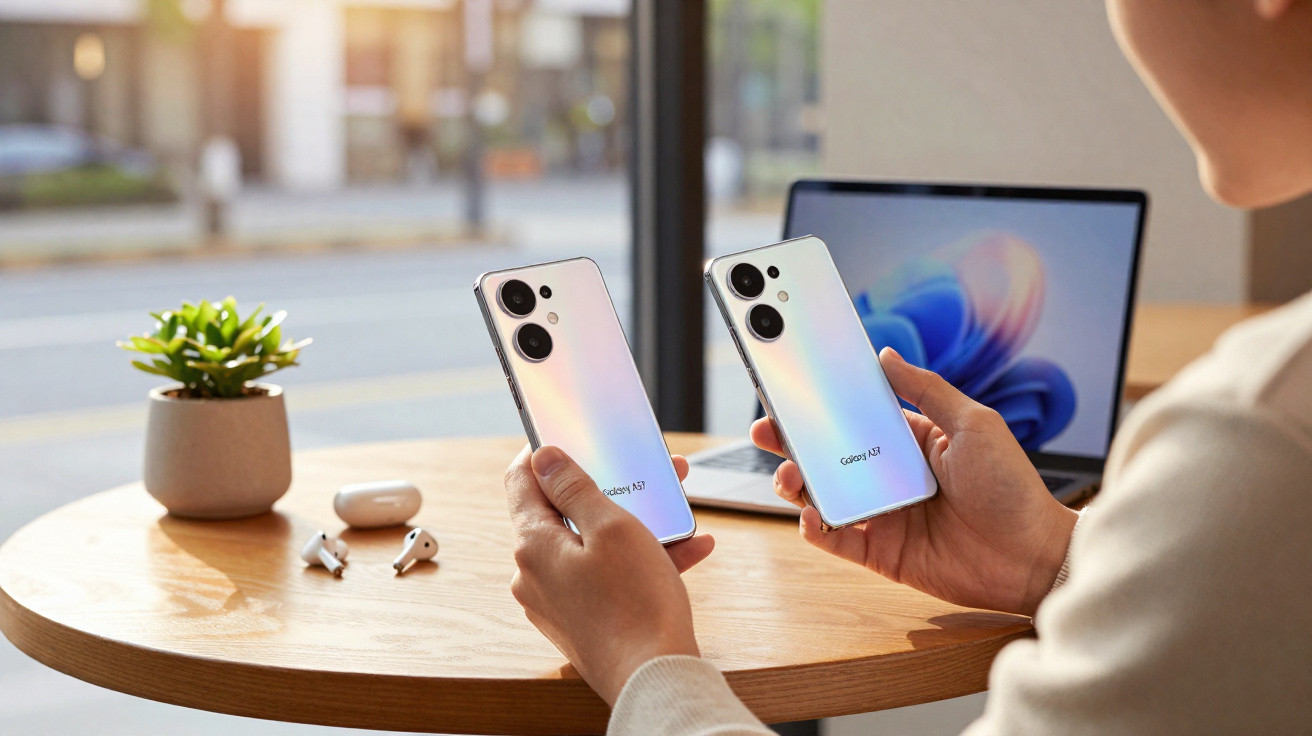 Person holding two Samsung Galaxy A13 smartphones at a wooden table with a laptop and plant nearby.