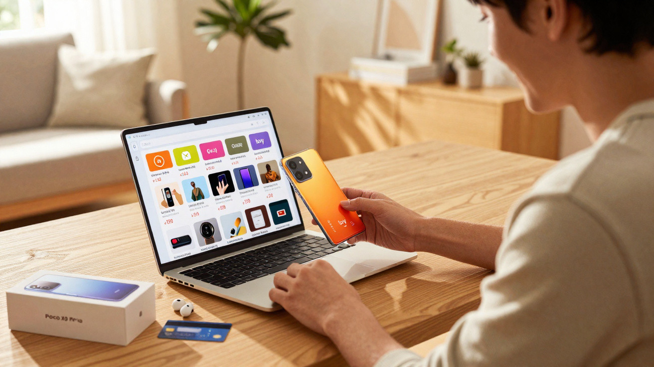 Person holding an orange smartphone and shopping online on a laptop at a wooden table with phone box and credit card nearby