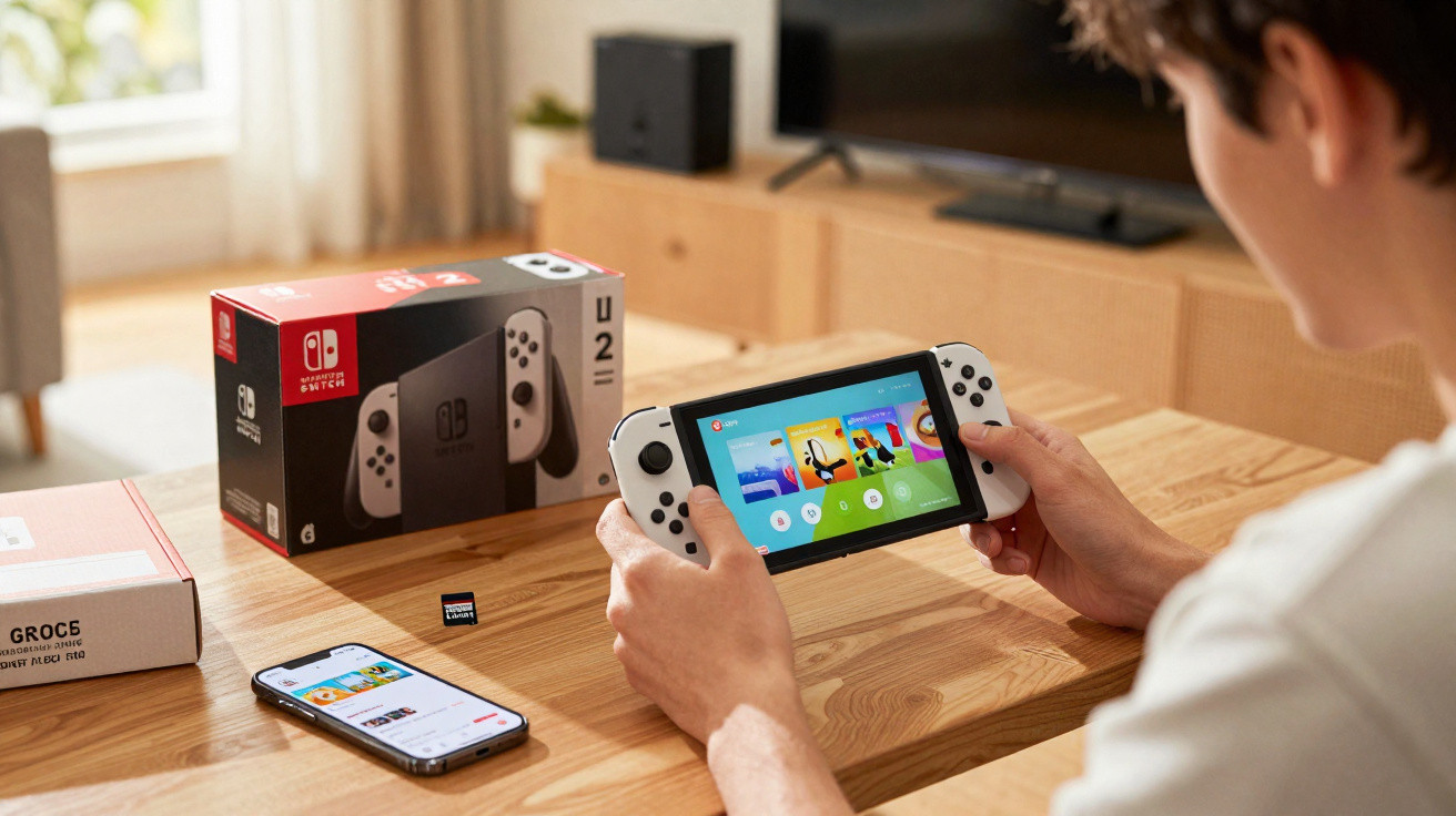 Person holding a Nintendo Switch OLED console playing a game on a wooden table with box, game card, and smartphone nearby.