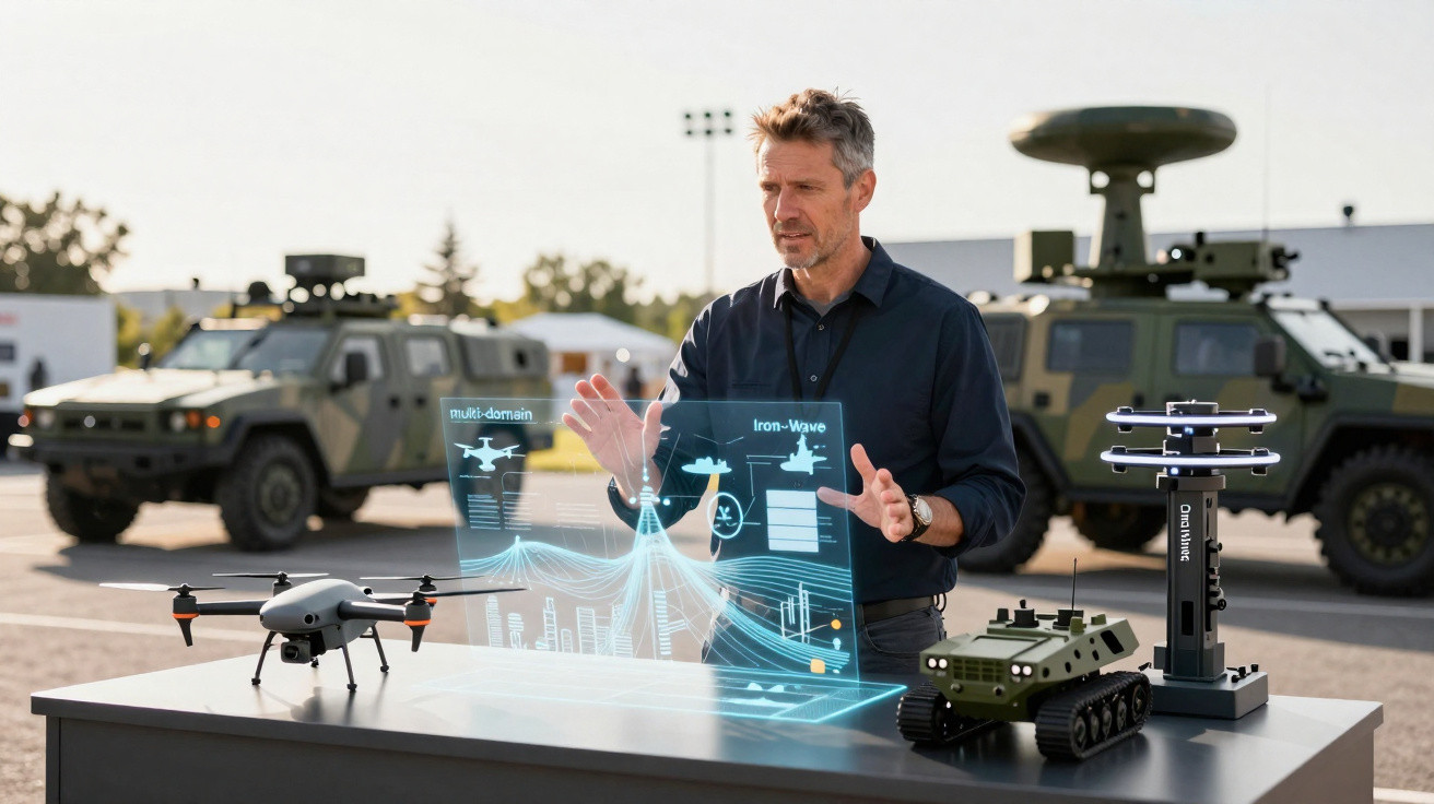 Man interacting with holographic military drone and vehicle data display at an outdoor tech demonstration.