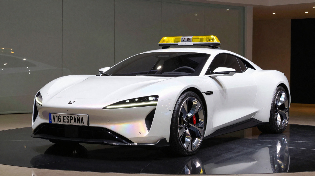 White futuristic sports car with a yellow warning light bar on the roof, parked indoors on a reflective floor.