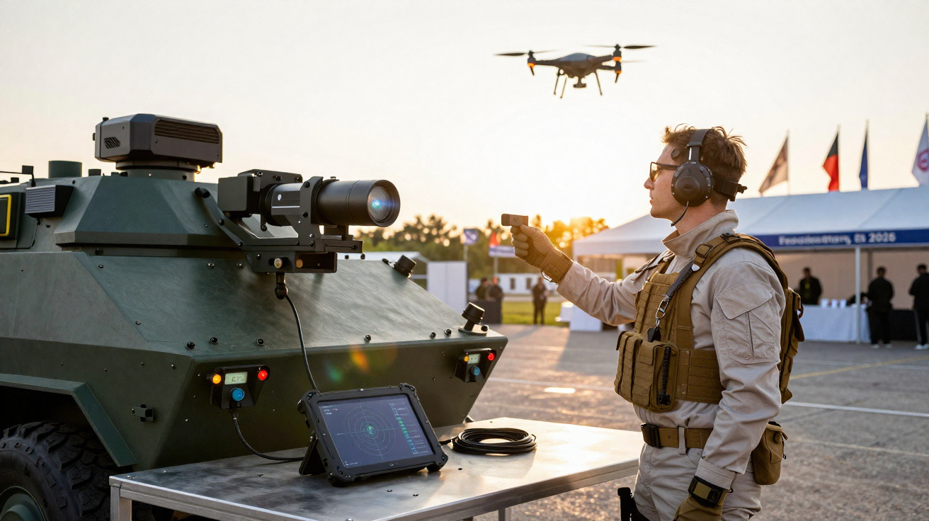 Soldier operating a drone near a military vehicle with a mounted camera at sunset.