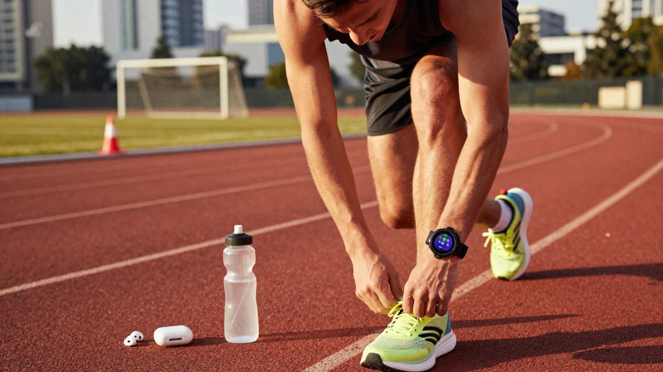 Runner tying bright yellow trainers on a red track with water bottle and earbuds nearby in daylight.