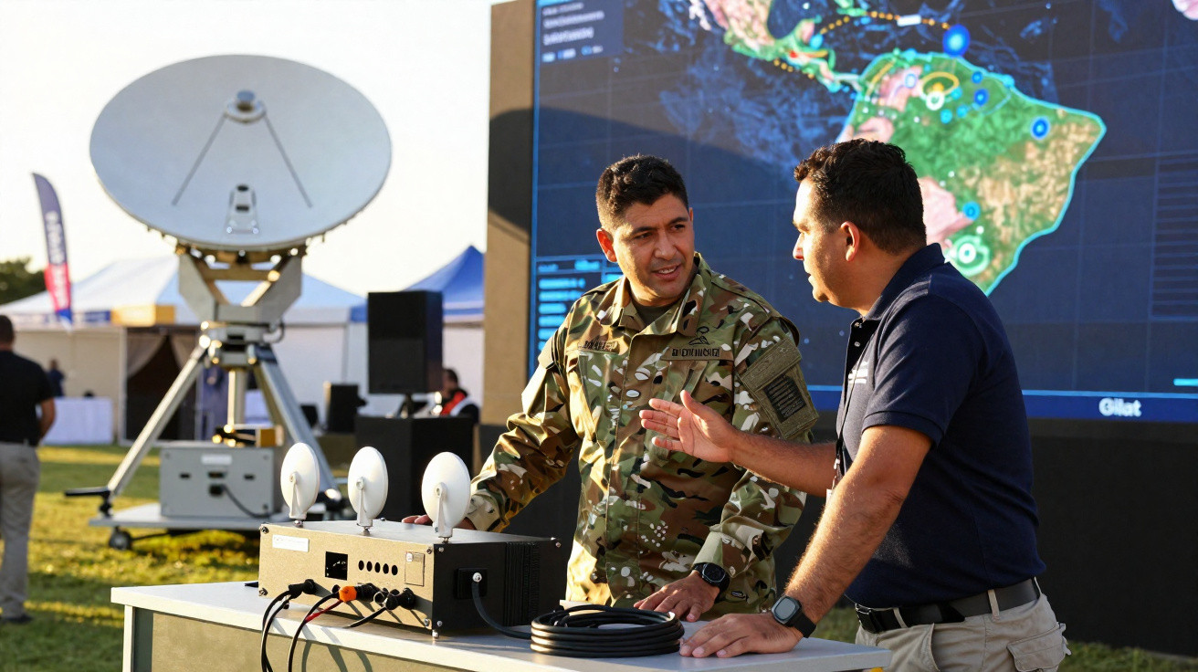 Two men discussing satellite communication equipment outdoors with a large map display in the background.