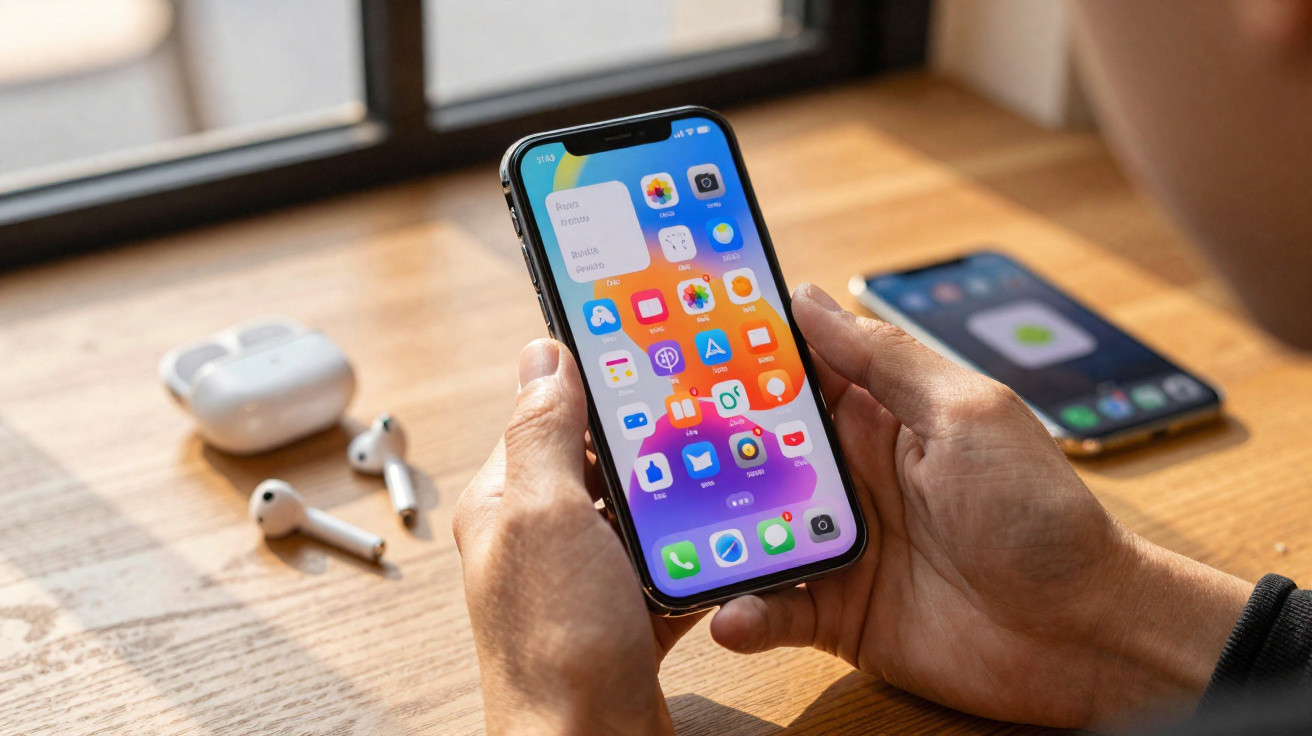 Person holding an iPhone displaying the home screen with AirPods and another phone on a wooden table nearby.
