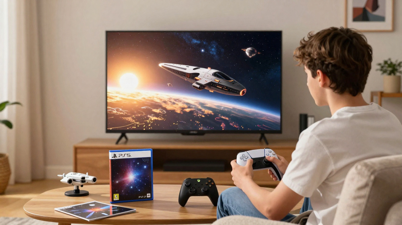 Boy playing a space-themed video game on a TV with controllers and game case on the table in a living room.