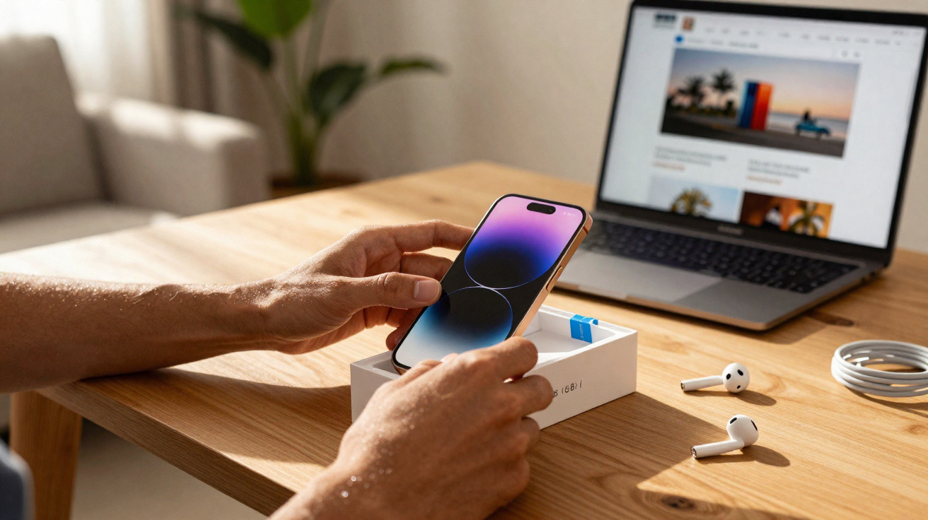 Person holding a smartphone above its open box on a table with wireless earbuds and a laptop in the background.