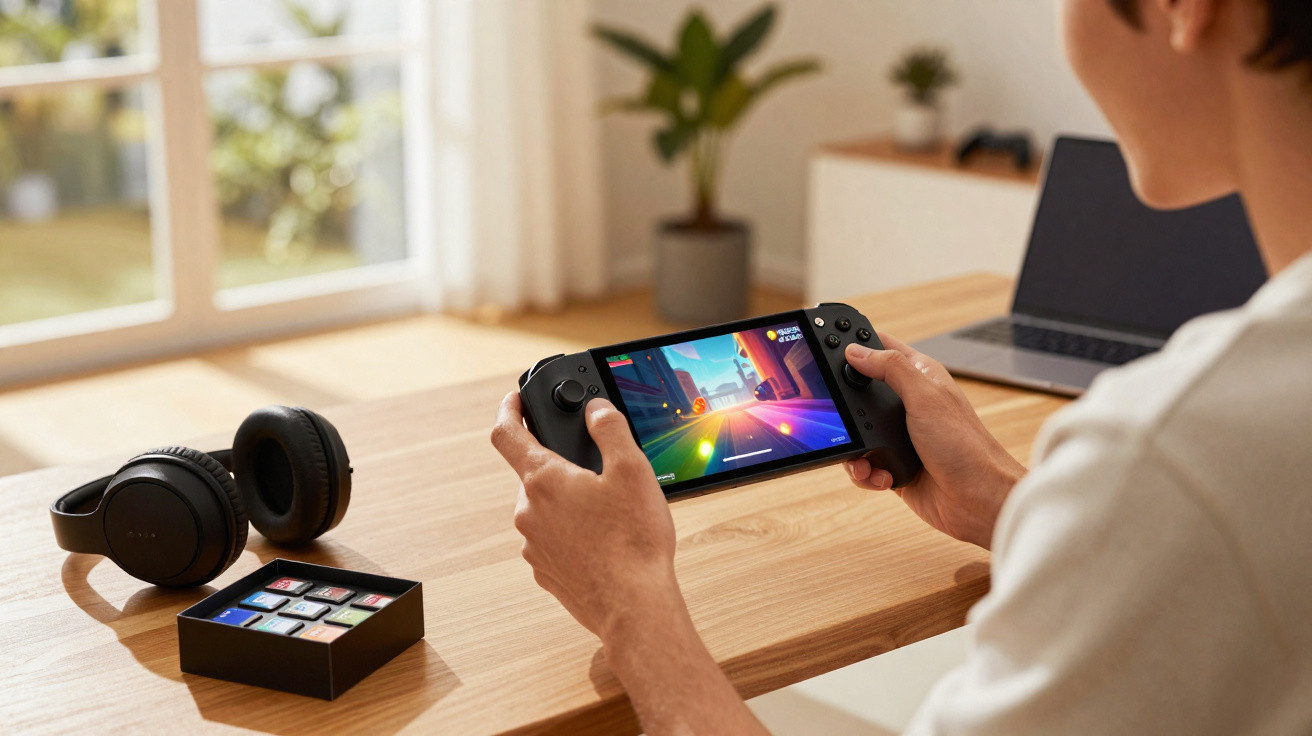 Person holding a handheld gaming console playing a colourful racing game at a wooden desk with headphones and a laptop nearby