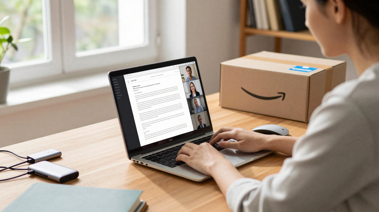 Person typing on a laptop at a wooden desk during a video conference call with an Amazon parcel nearby.