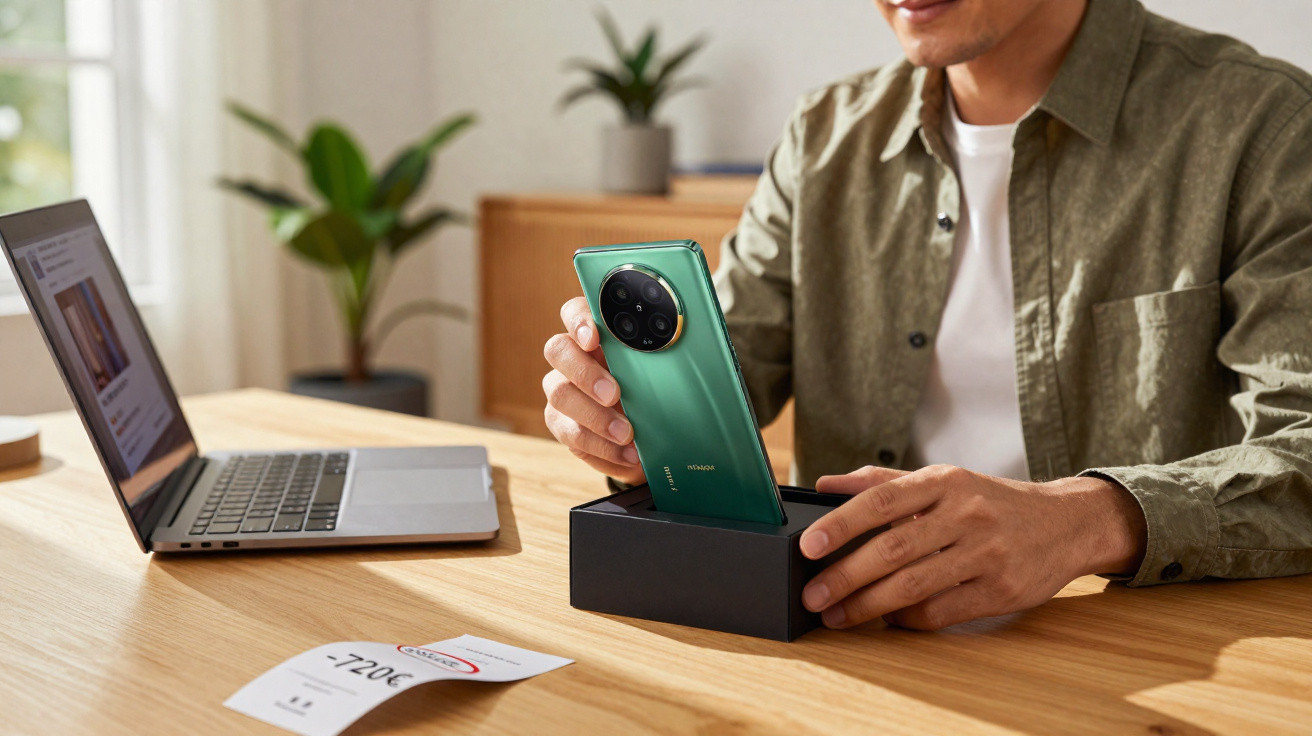 Person unboxing a green smartphone at a wooden desk with a laptop and discount receipt nearby