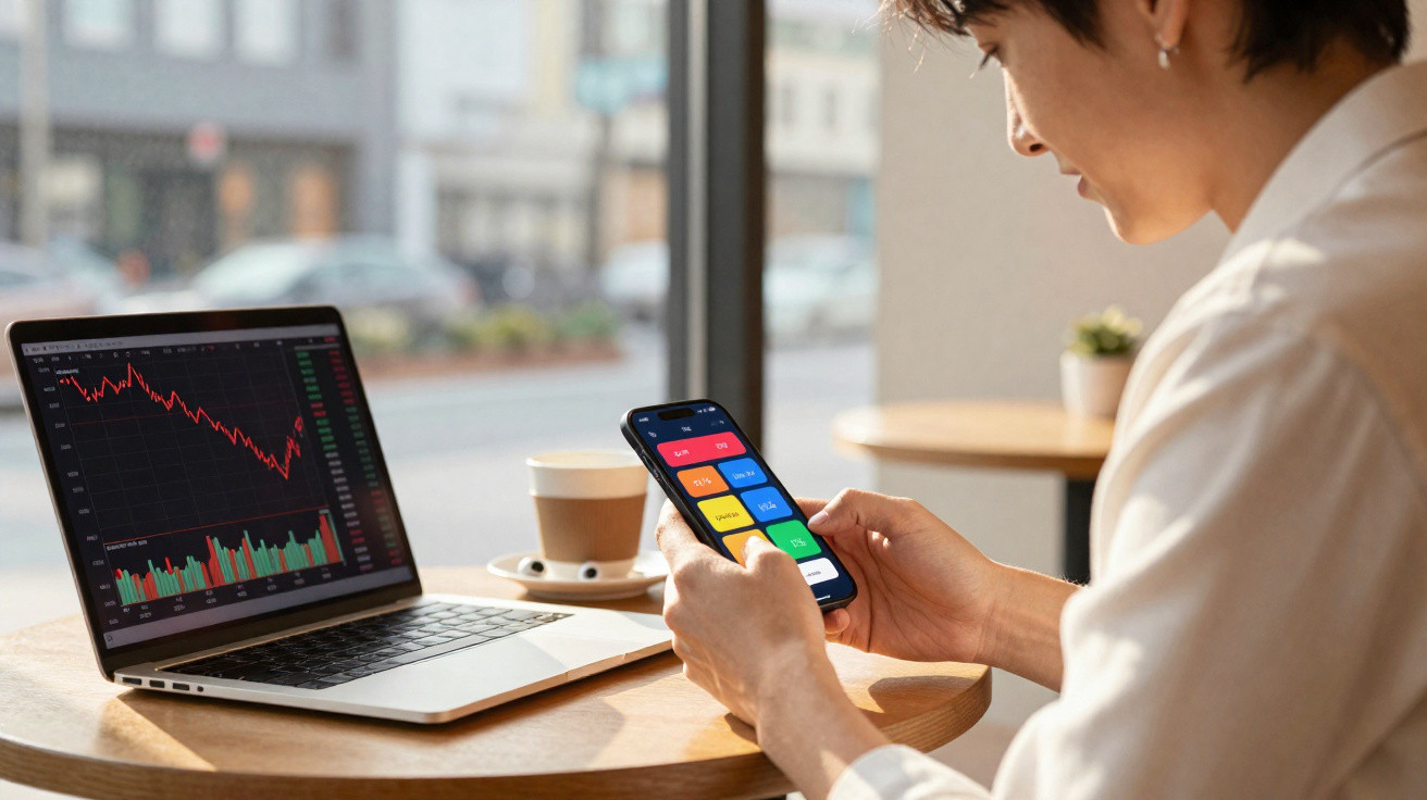 Person checking a colourful app on smartphone with a stock market chart on a laptop at a café table.