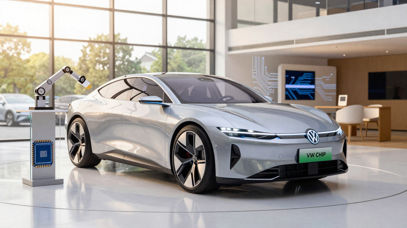 Silver Volkswagen electric car displayed indoors next to a robotic arm and digital chip model.
