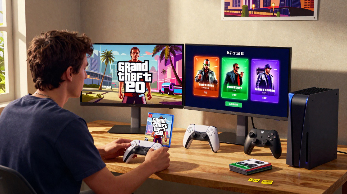 Person playing Grand Theft Auto 6 on PlayStation 5 with dual monitors and game controllers on a wooden desk.