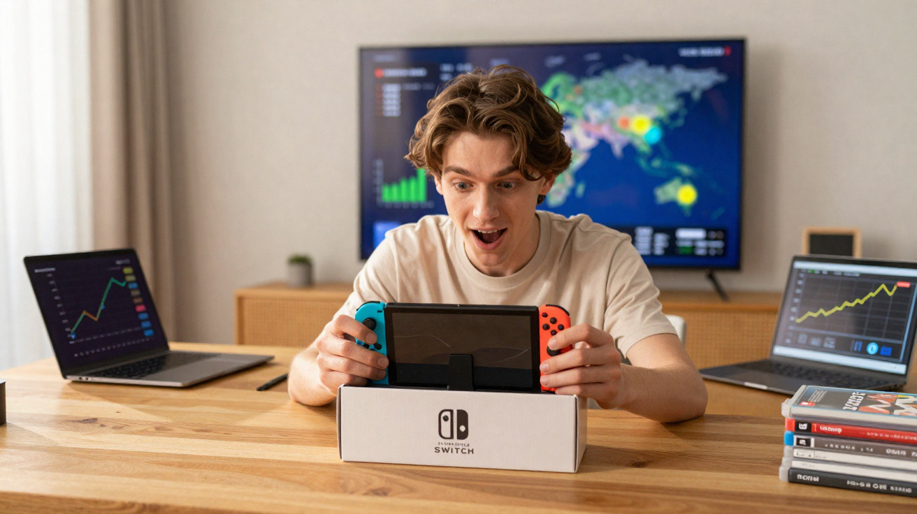 Excited young man playing Nintendo Switch at a table with laptops and charts in the background.