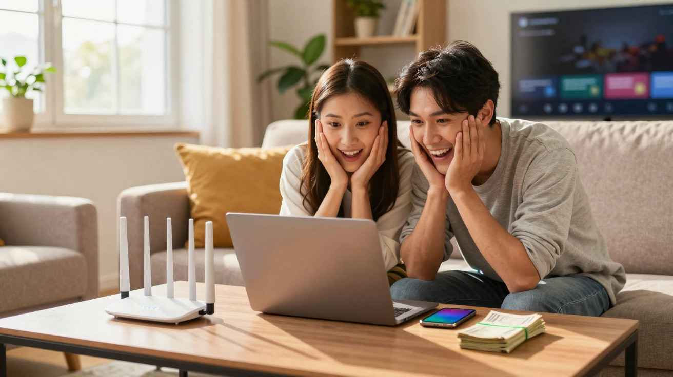 Excited young couple sitting on sofa, looking at laptop on coffee table with cash and smartphone nearby.