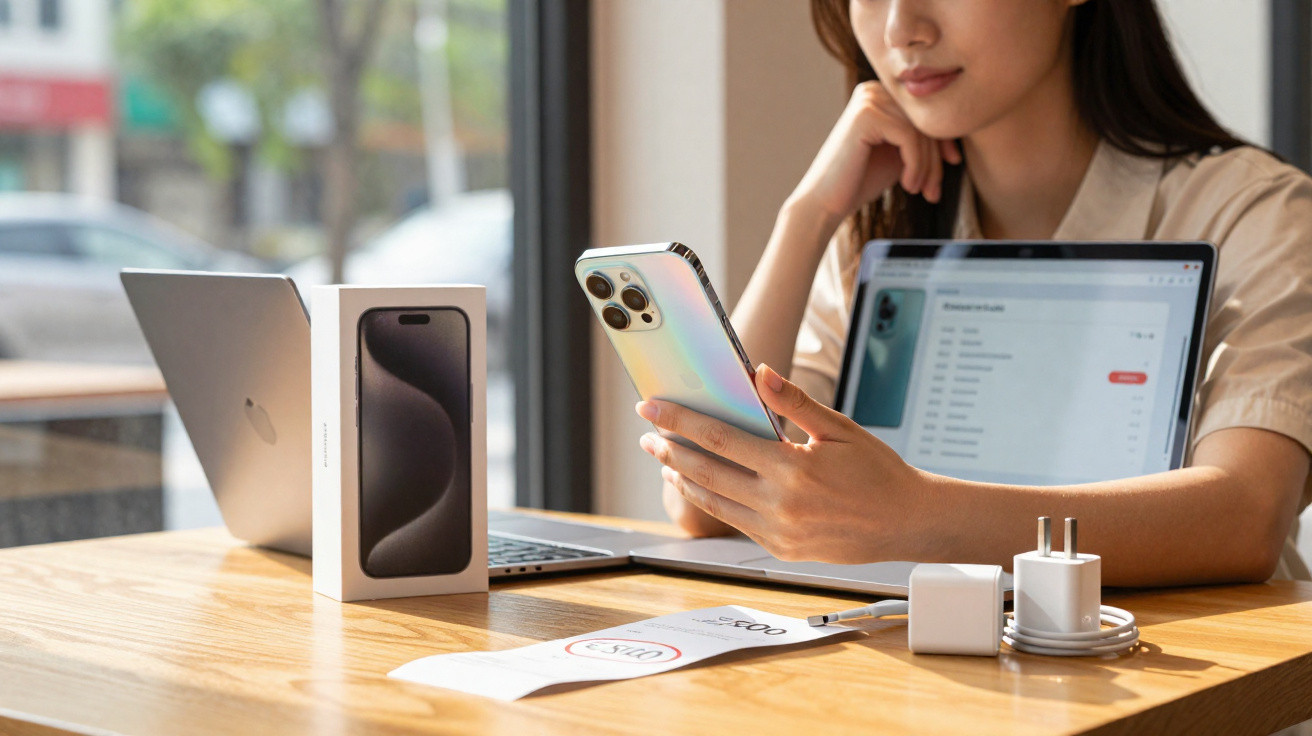 Person holding a smartphone with phone box, charger, and laptop on a wooden table by a window.