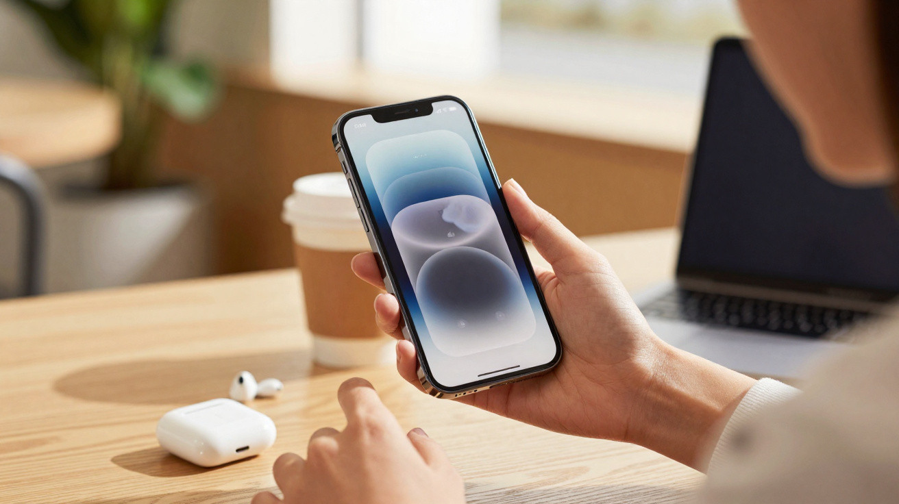 Person holding a smartphone with a laptop, wireless earphones, and a coffee cup on the table in the background.