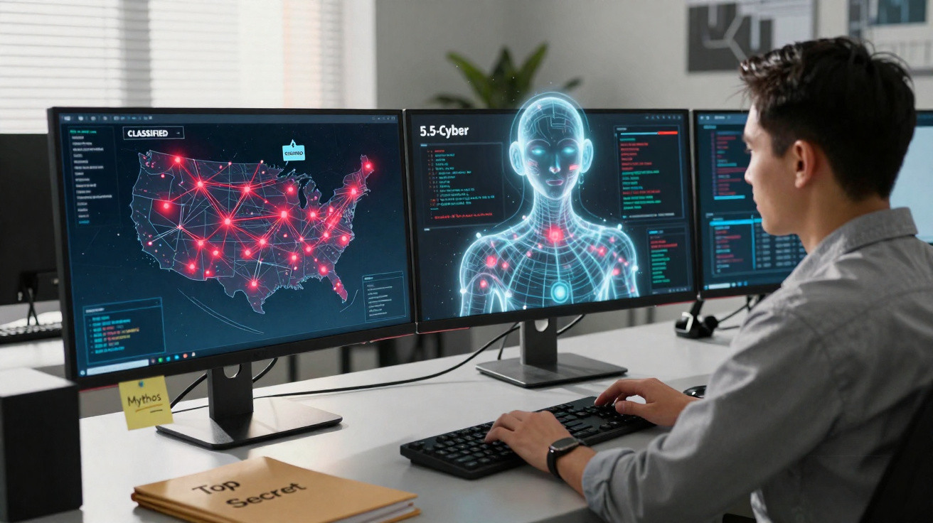 Person analysing a digital cybersecurity map and humanoid figure on dual monitors in an office setting.