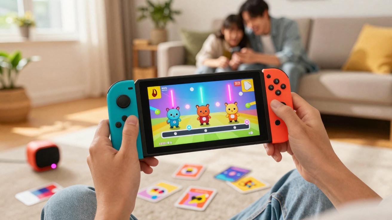 Person holding a game console playing a colourful cartoon game with children in the background.