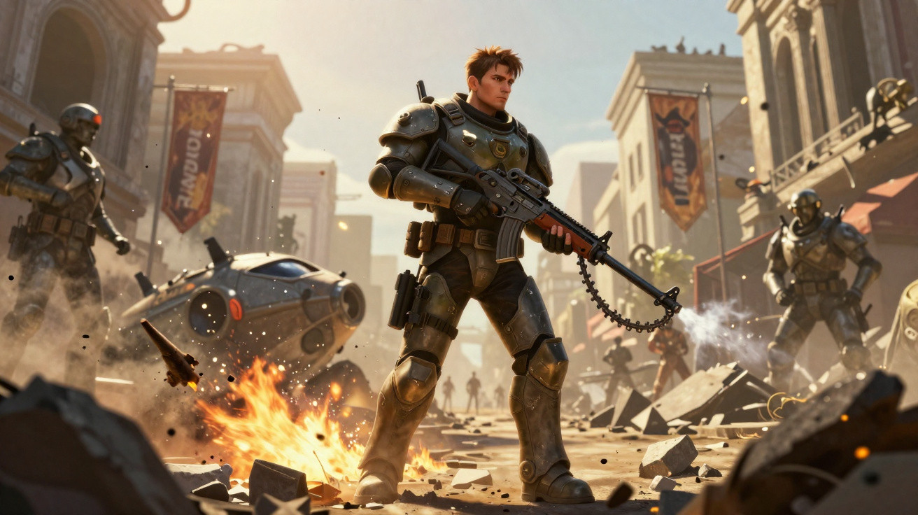 Armoured soldier with assault rifle in a battle-torn city street with explosions and armed enemies nearby.