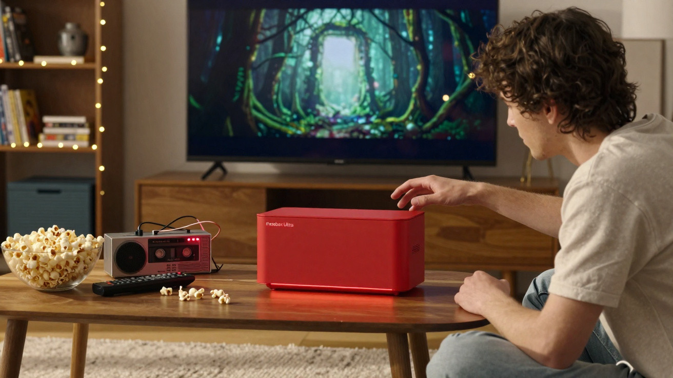 Young man interacting with a red device on a coffee table with popcorn and a TV showing a forest scene.