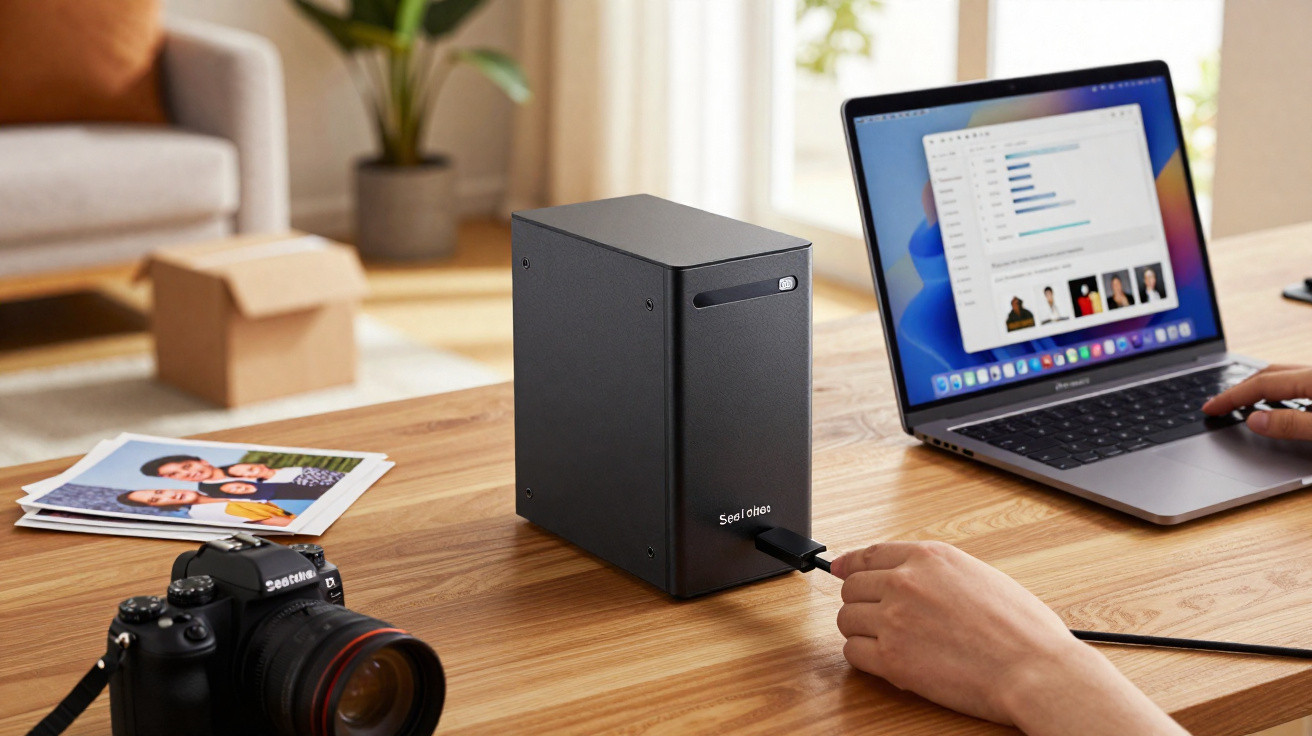 Person connecting black external hard drive to open laptop on wooden desk with camera and printed photos nearby