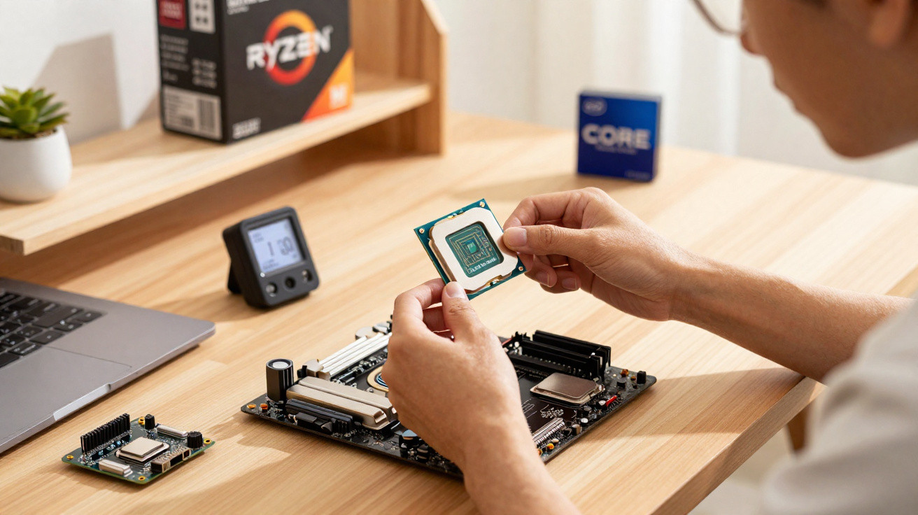Person holding a computer processor above a motherboard on a wooden desk with CPU boxes in the background.