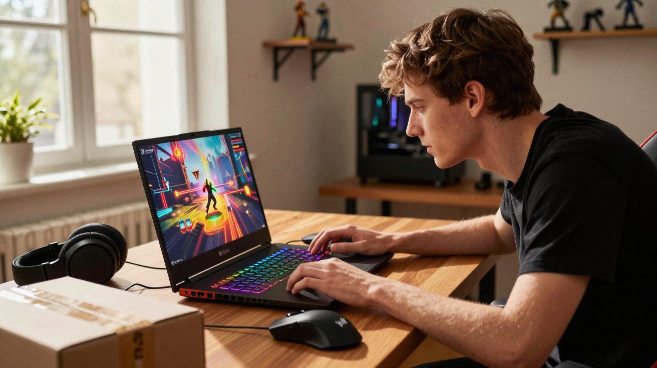 Young man focused on playing a colourful action game on a laptop at a wooden desk.