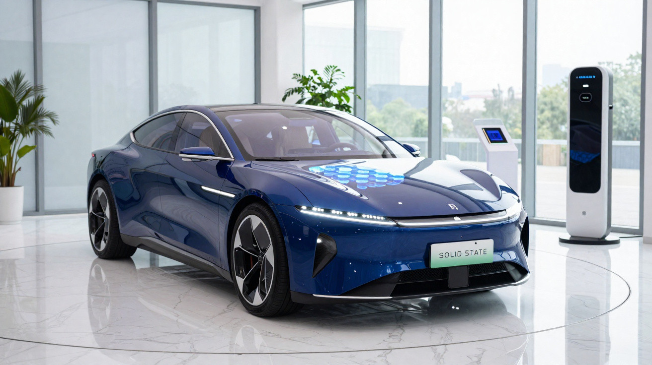 Blue electric sports car displayed indoors beside a charging station and touchscreen pedestal.